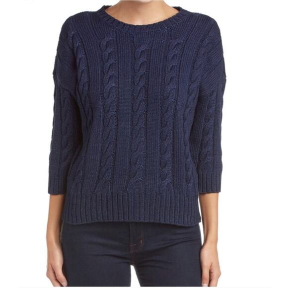 Three Dots Cable Knit Cotton Short Sleeve Sweater in Navy Size Small - Picture 1 of 7